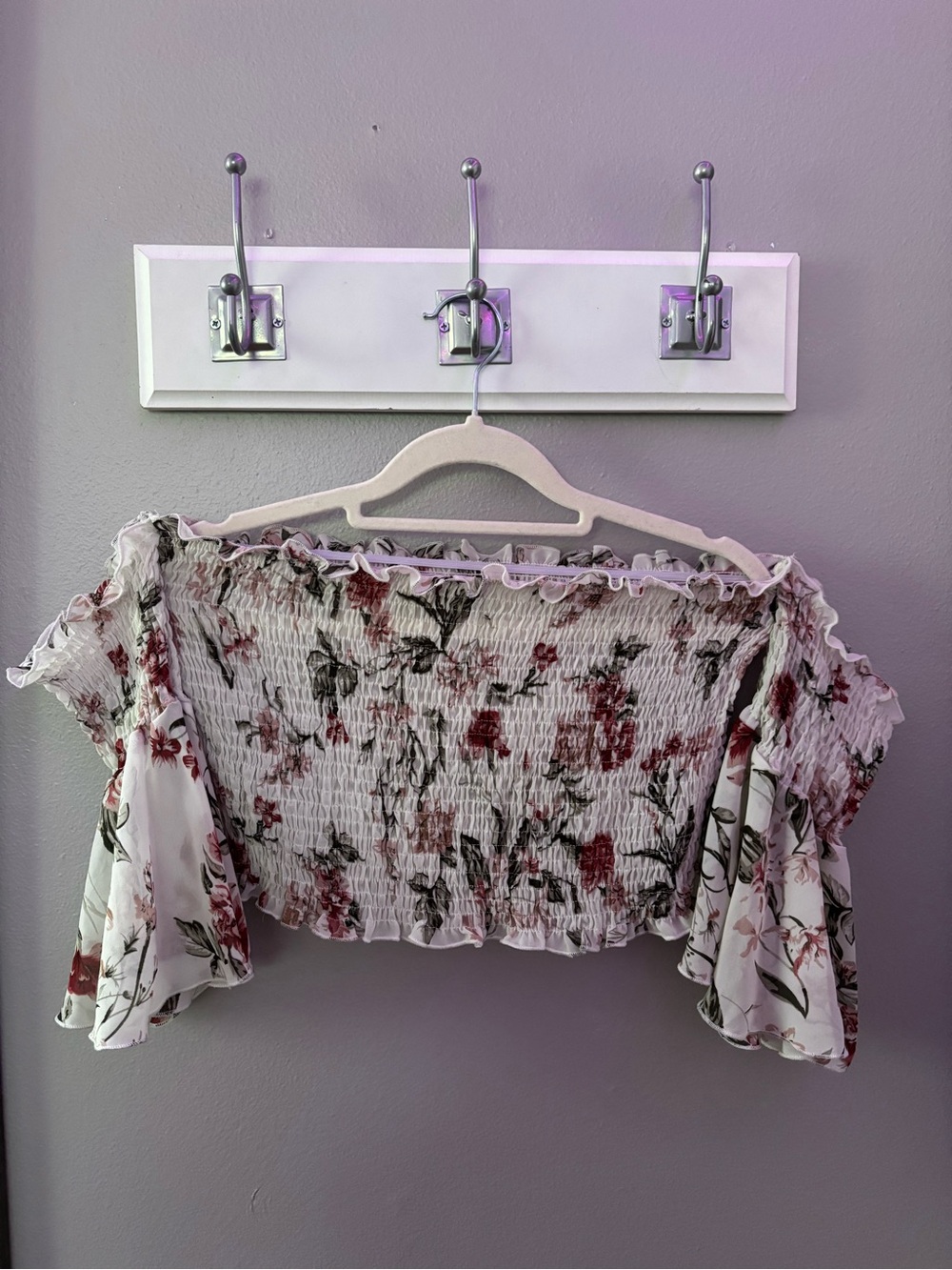 SHEIN White Floral Off-Shoulder Smocked Crop Top with Red and Green Print